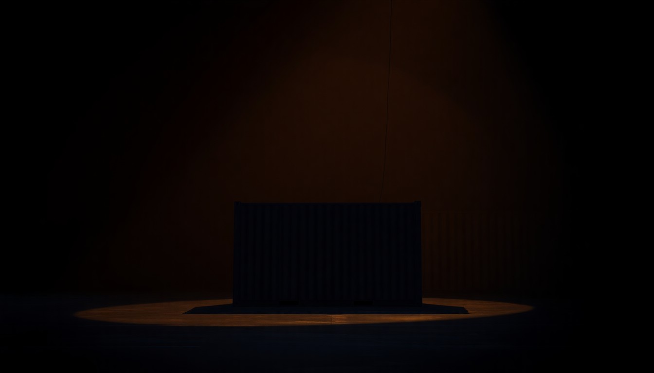 A serene, cinematic painting of a solitary shipping container in a dimly lit port, bathed in warm, diagonal sunlight and deep shadows, conceptually representing the complex refund process for illegal tariffs.
