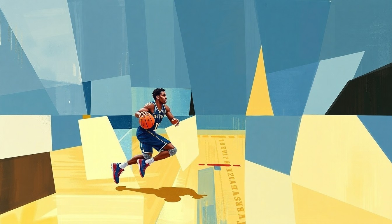 A cubist, geometric painting depicting the fragmented movements and competitive energy of a basketball player, representing the uncertainty and speculation surrounding a high-profile college basketball transfer decision.