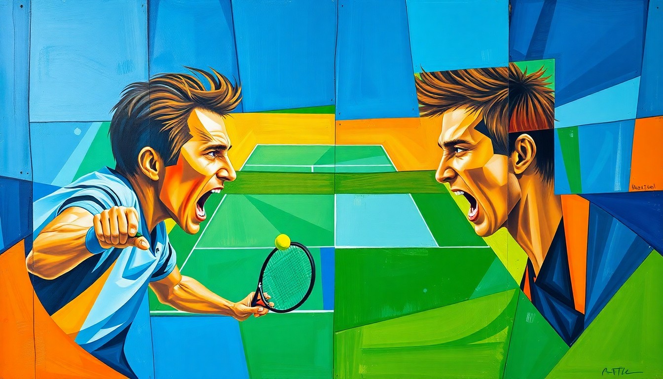 A cubist, geometric painting depicting a tennis match in motion, with overlapping planes of blue, green, and orange shapes representing the players and the court.