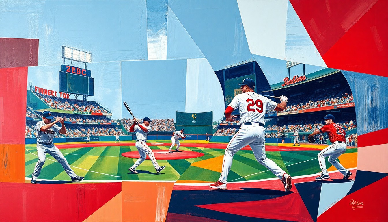 A cubist, geometric painting depicting a baseball outfield scene, with the players' forms abstracted into overlapping angular shapes and planes in shades of red, white, and blue, capturing the dynamic movement and positioning of the players.
