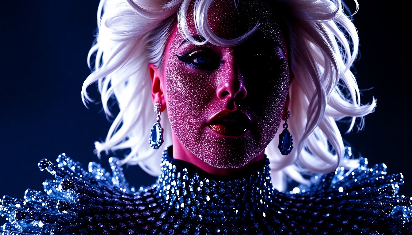 An extreme close-up photograph of a heavily sequined and bejeweled fabric, capturing the intricate textures and dramatic lighting that define Lady Gaga's larger-than-life stage presence.