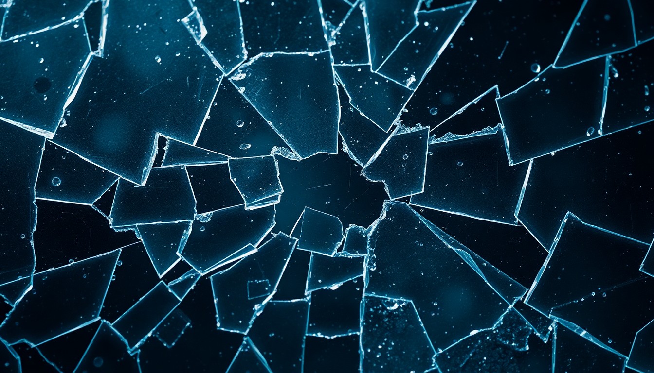 An extreme close-up of a shattered, reflective glass texture in high-contrast black and white, capturing the gritty, unsettling atmosphere of the cult classic horror film 'The Thing'.