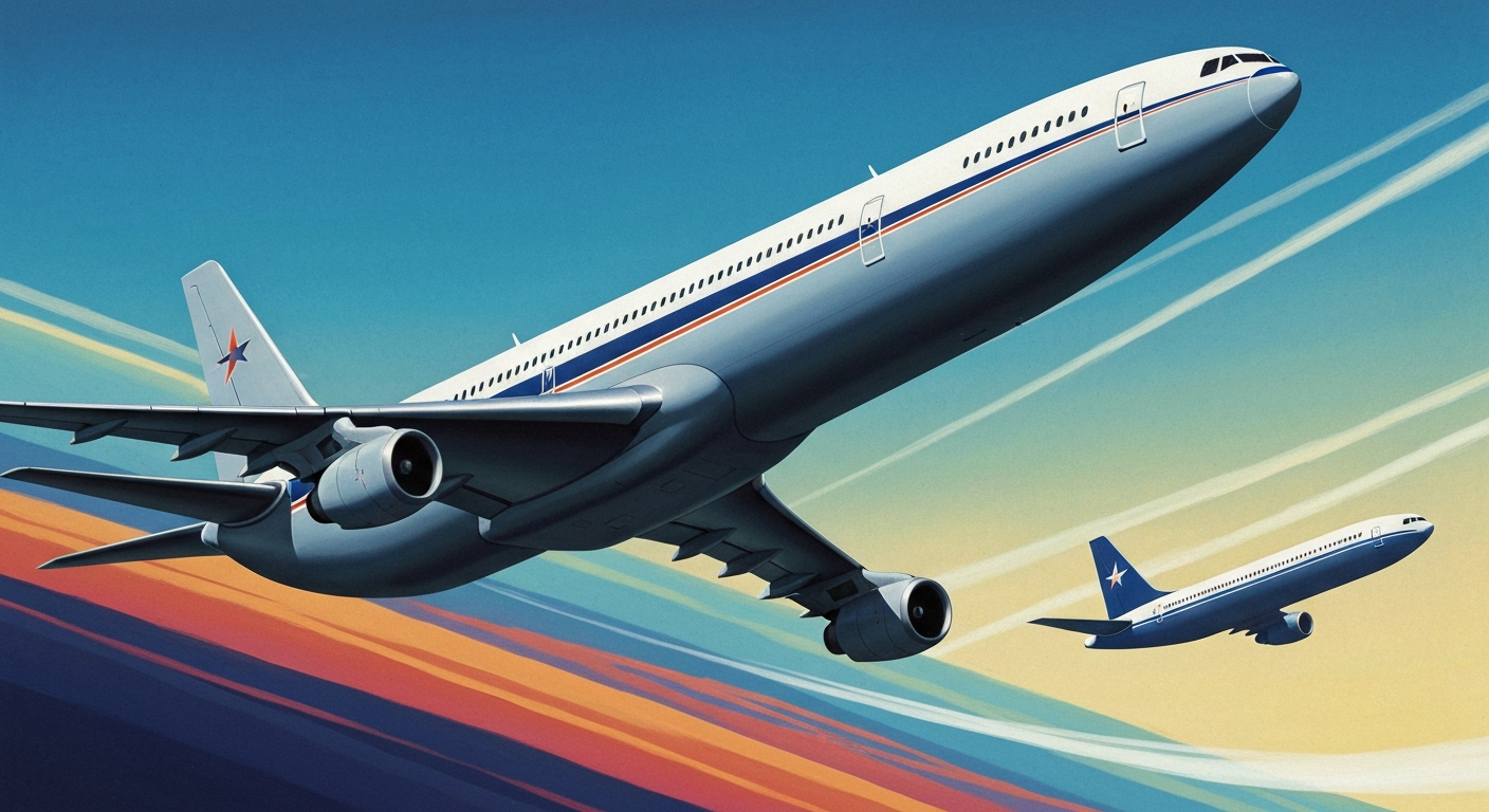 A bold, geometric illustration in the Art Deco style, depicting a sleek, streamlined aircraft soaring through the sky, representing the grand scale and technological advancements of long-distance air travel.