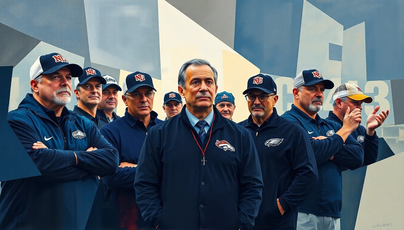 A cubist, geometric painting depicting a fragmented group of NFL coaches, with sharp, overlapping planes of color and form representing the instability and lack of continuity in the Browns' coaching staff.