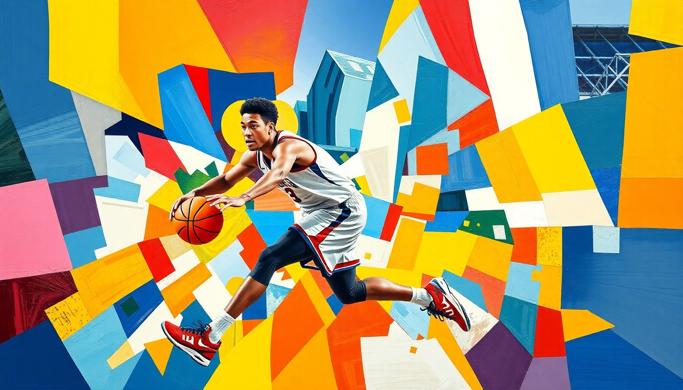 A cubist-style painting depicting a college basketball player in motion, broken down into overlapping geometric shapes and planes in the team's official colors, conveying the fluidity and empowerment of the transfer portal.