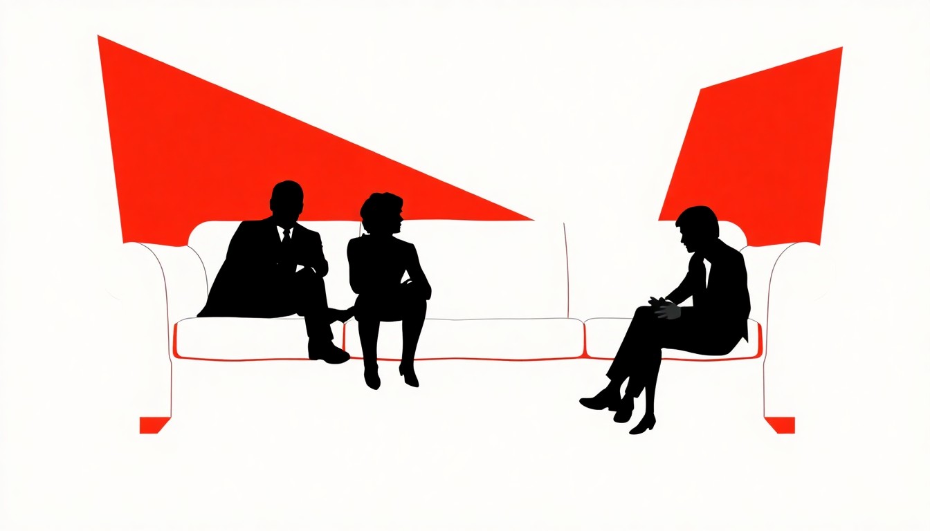 A bold, abstract composition of jagged geometric shapes in striking red and white, conceptually representing the iconic 'Tonight Show' couch and the unseen forces that controlled who could sit on it.