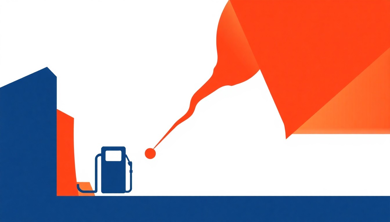 A vibrant, abstract illustration featuring bold geometric shapes in shades of red, blue, and yellow, conceptually representing the volatility and impact of rising fuel prices on the economy.