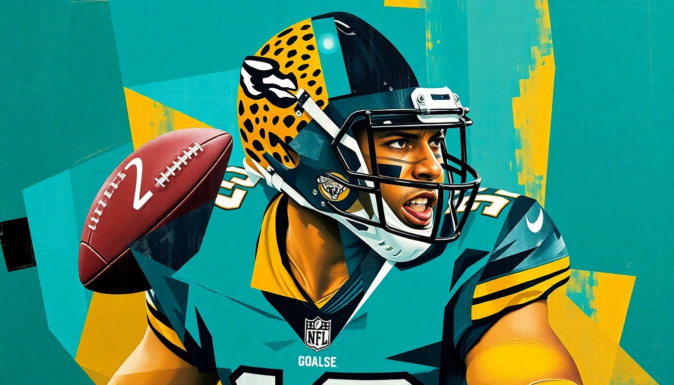 A fragmented, cubist-style painting depicting a Jaguars football player broken down into geometric shapes and planes in the team's official colors, conceptually representing the complex roster decisions facing the organization.