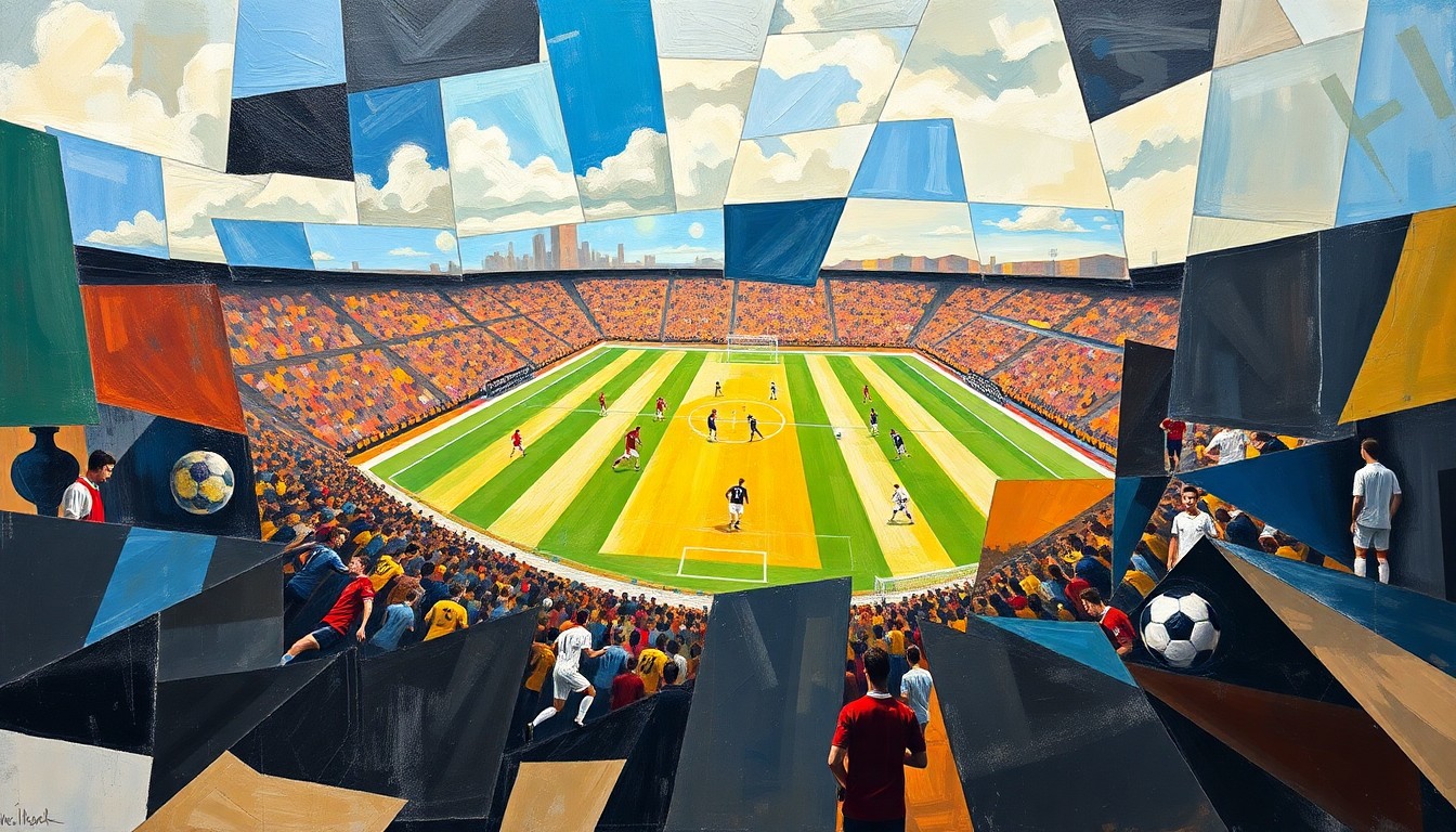 A cubist-style painting depicting a soccer match broken down into sharp, overlapping geometric shapes and planes, conveying the dynamic energy and complexity of the sport.