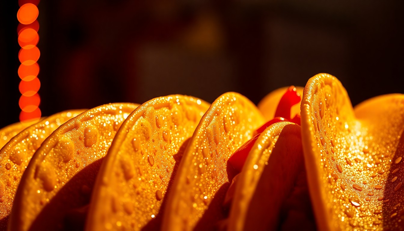 An extreme close-up of shimmering taco shells in dramatic studio lighting, capturing the vibrant textures and high-contrast glamour of a local taco shop.