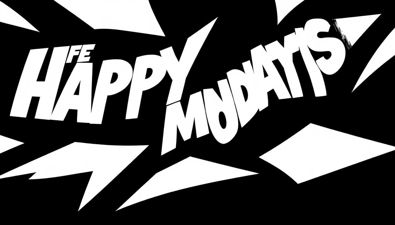 An abstract, minimalist illustration featuring stark, jagged black shapes against a white background, conceptually representing the vibrant, genre-blending music of the Happy Mondays.