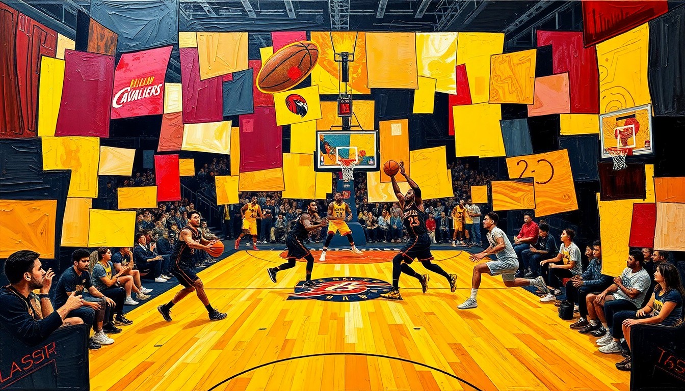 A fractured, multi-perspective painting depicting a basketball game between the Cleveland Cavaliers and Atlanta Hawks, with sharp geometric planes and vibrant team colors used to capture the energy and intensity of the action.