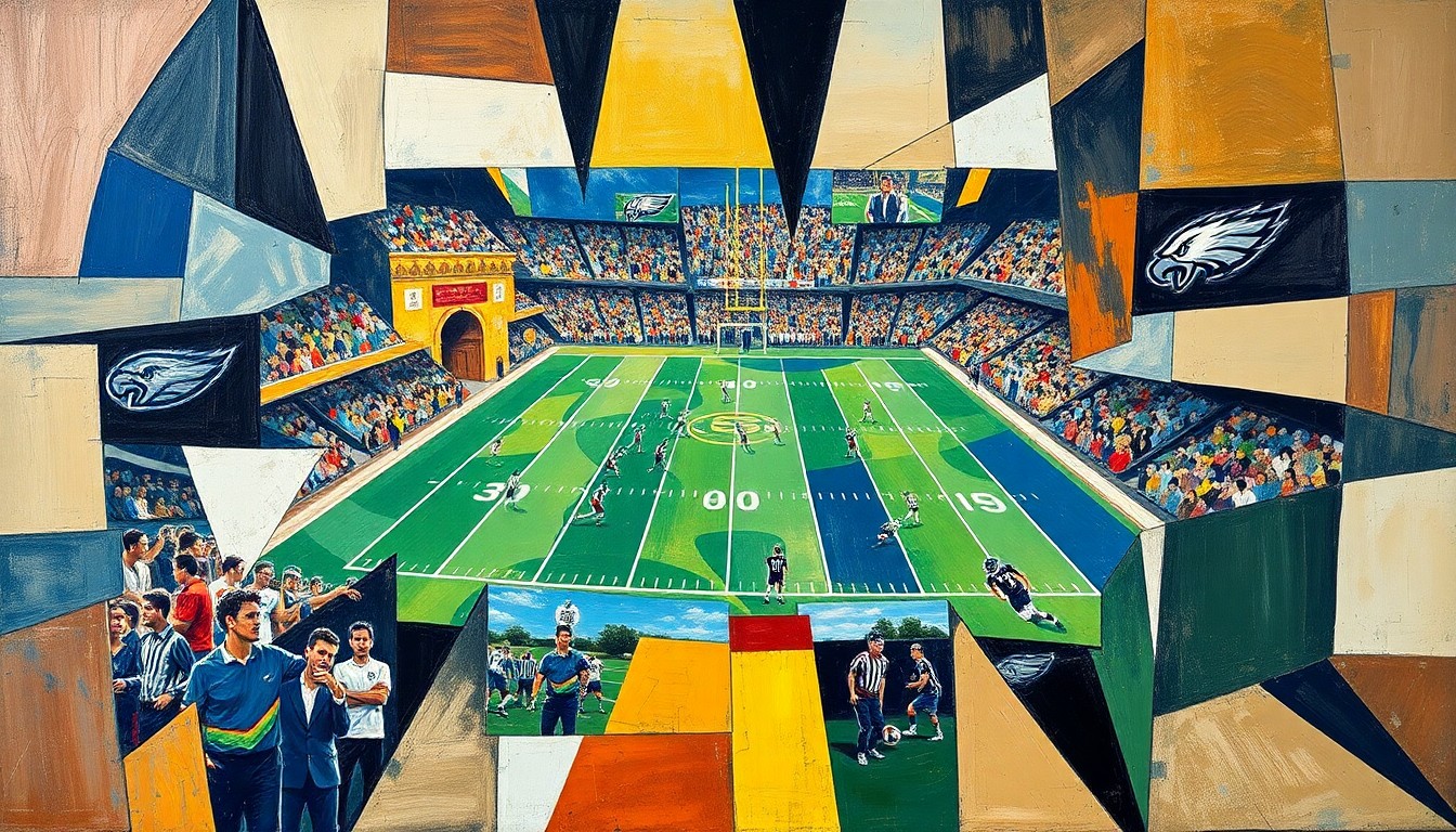 A fragmented, cubist-style painting depicting a football game broken down into overlapping geometric shapes and planes, conveying the multifaceted challenges of nurturing a young quarterback's talent.