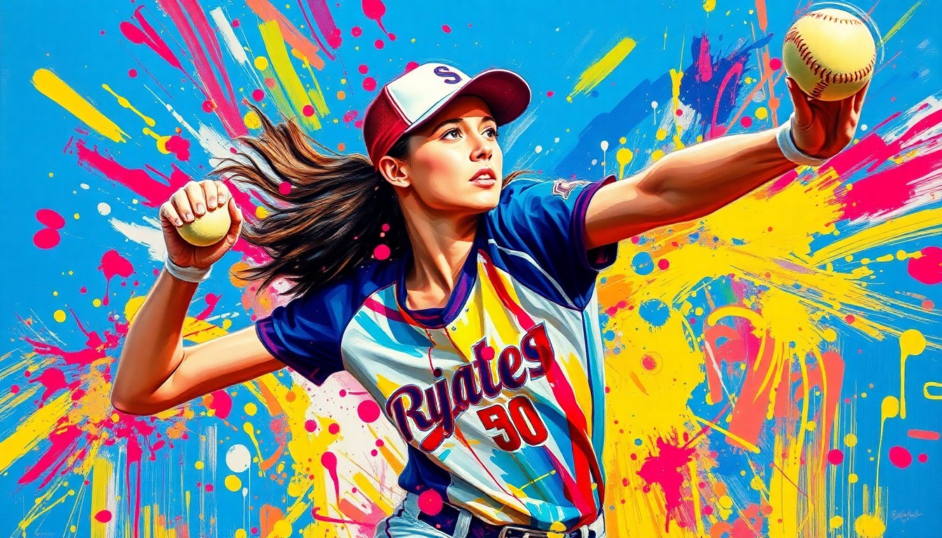 An extreme close-up of a softball pitcher's throwing motion, captured in a vibrant, expressionist style with sweeping brushstrokes and neon colors that evoke the raw energy of the game.