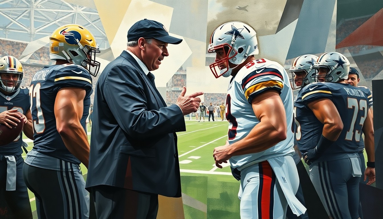 A fractured, multi-perspective painting in an abstract cubist style, breaking down a heated sideline confrontation between an NFL coach and player into sharp, overlapping geometric planes, conveying the intensity and emotional tension of the moment.
