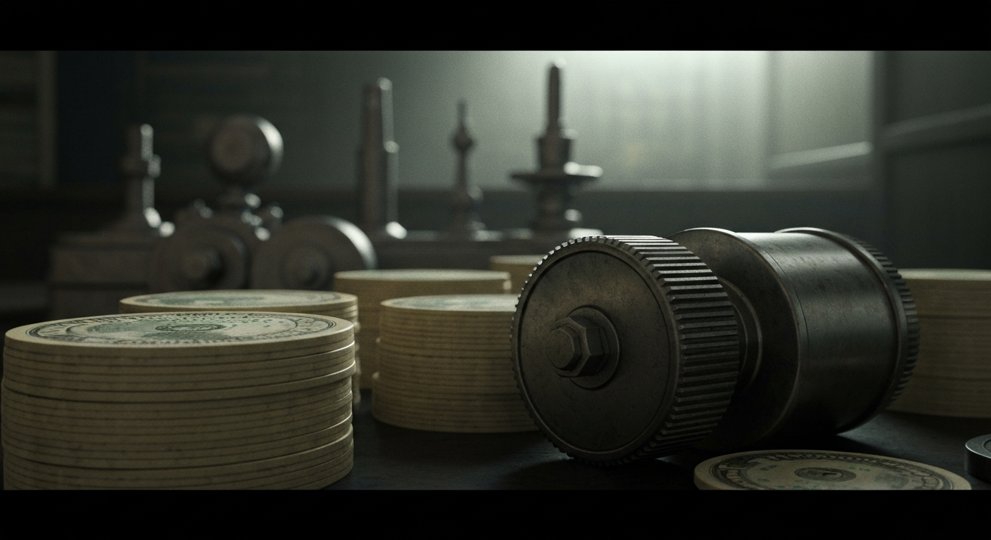 An extreme close-up of intricate financial machinery and equipment, conveying a sense of the complex infrastructure underlying the medical research industry.