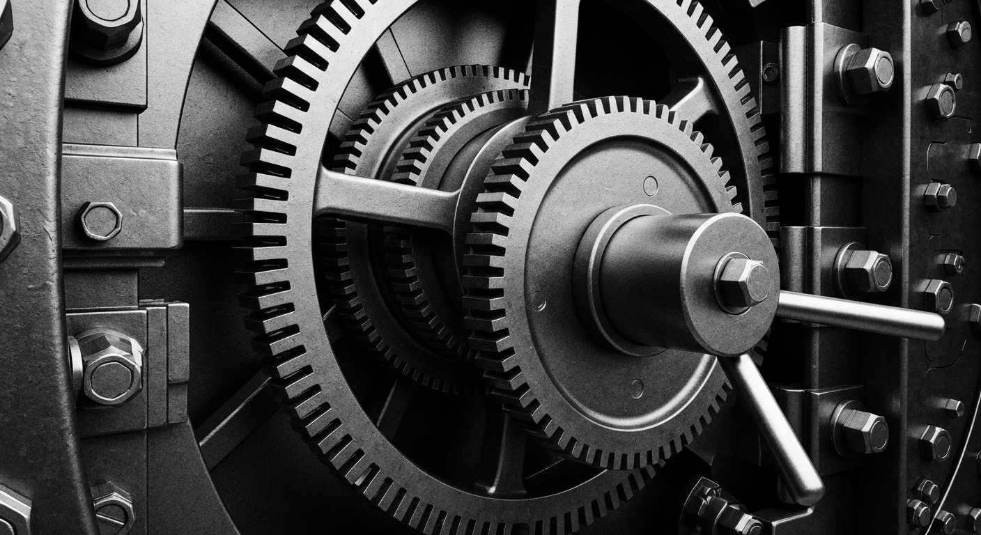 A high-contrast black and white close-up photograph of the internal gears and mechanisms of a bank vault, conveying a sense of the secure storage of wealth and financial assets through industrial machinery.