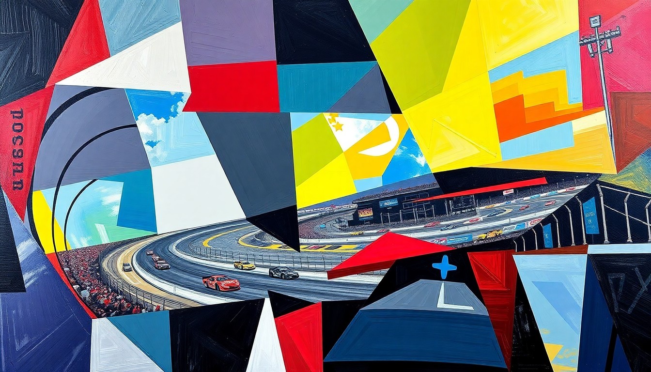 A fractured, multi-perspective painting in bold, geometric shapes and colors, depicting the intense action of a NASCAR race at Bristol Motor Speedway.