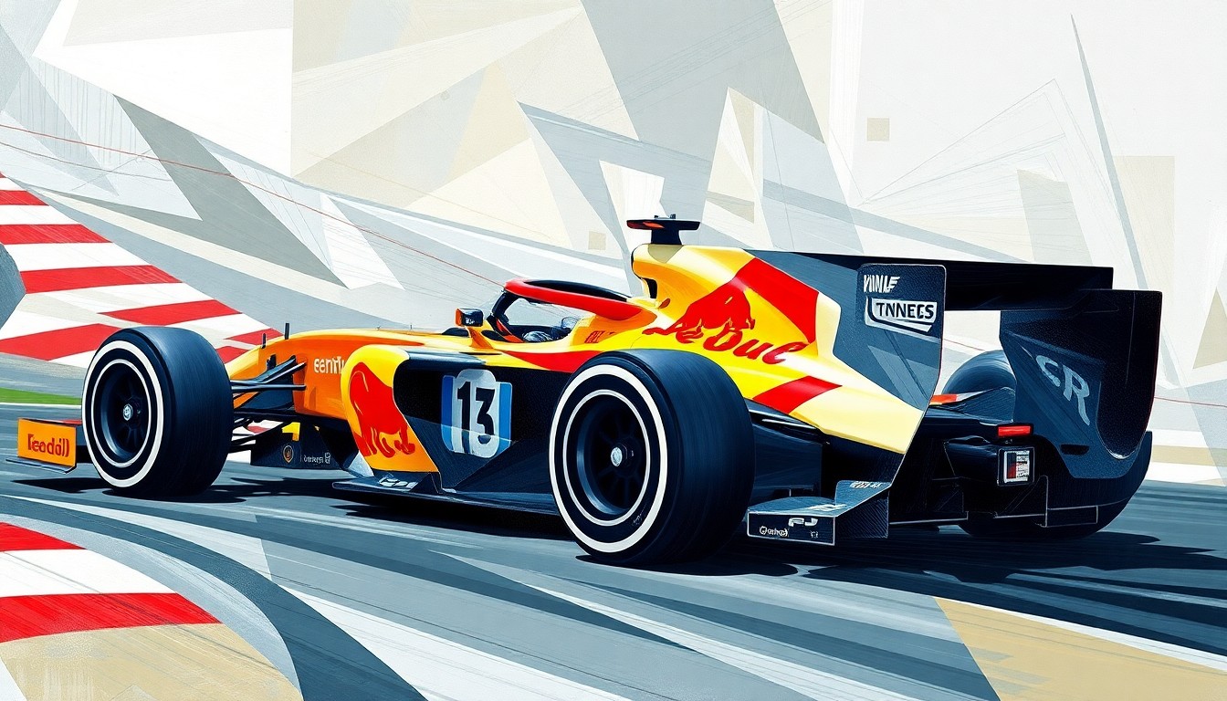 A cubist, geometric painting depicting a Formula 1 car navigating a high-speed corner, with the car's energy recovery and deployment systems represented as dynamic, angular shapes that interact with the driver's inputs.