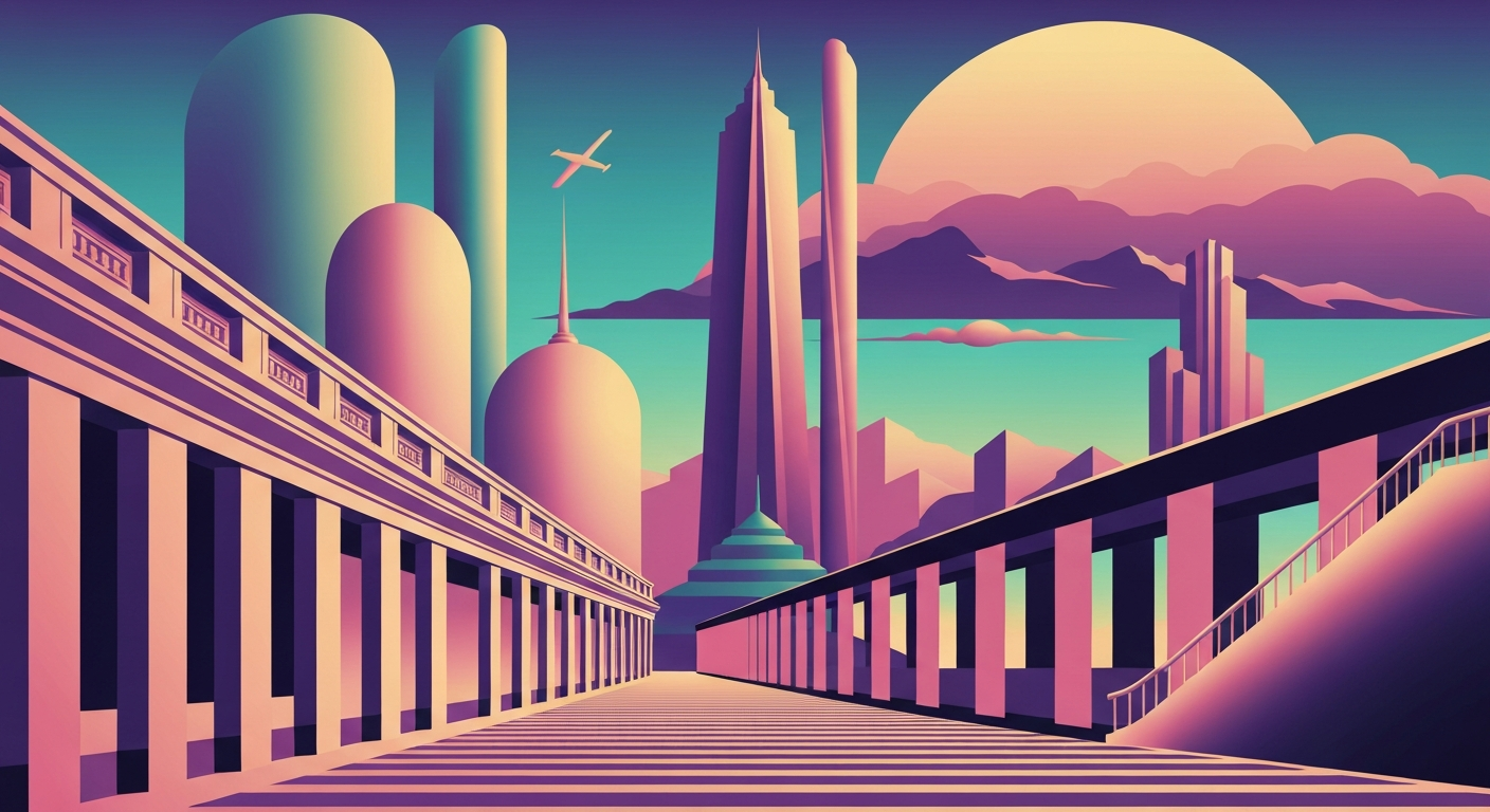 A highly stylized, geometric illustration in the Art Deco style, featuring sweeping gradients of blues and grays, towering architectural forms, and sleek, streamlined shapes, conveying the grand scale and romance of travel without any literal depiction of people or text.
