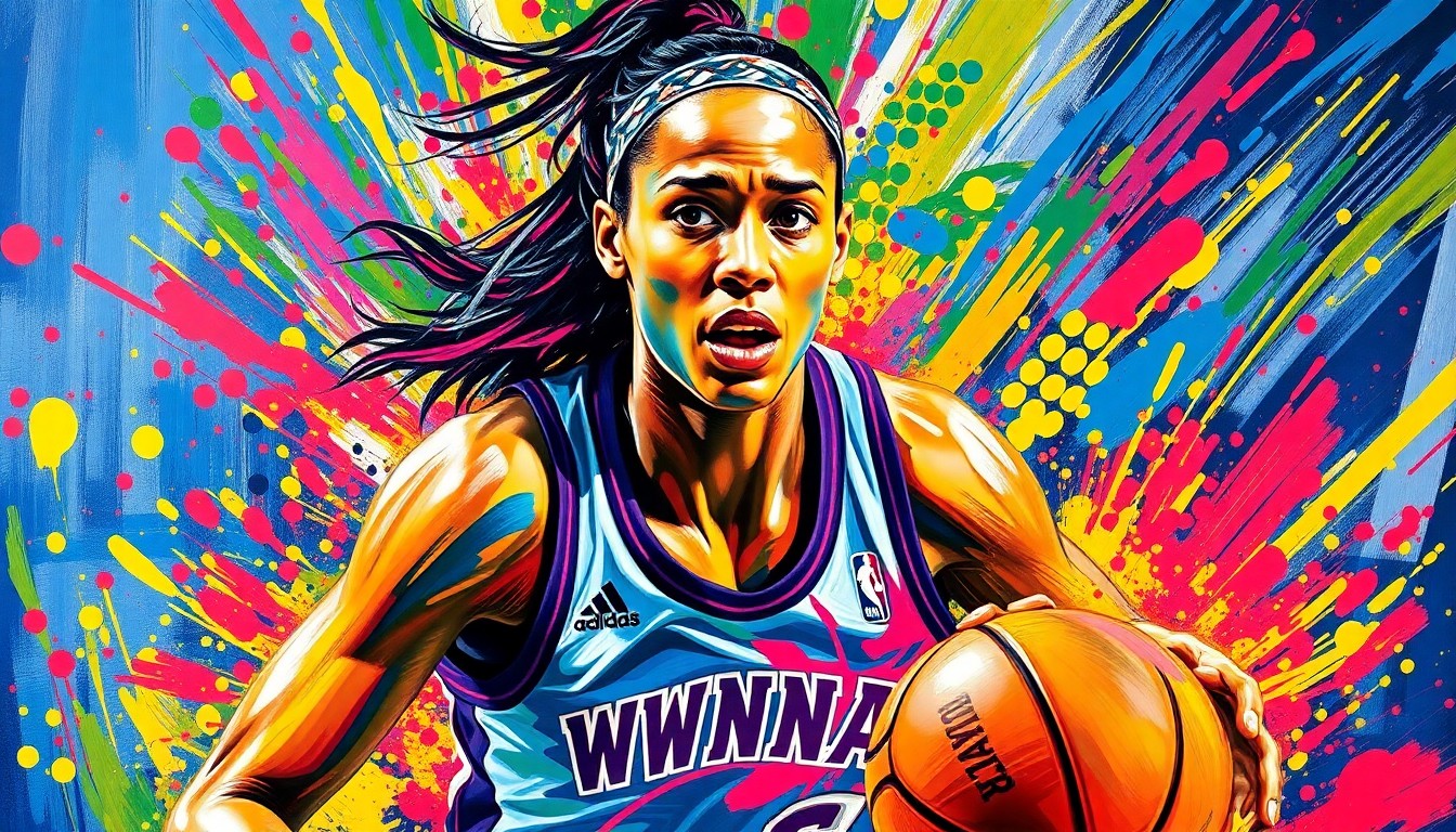 An abstract, expressionist painting in vibrant neon colors depicting the dynamic movement and energy of a WNBA basketball player, with their features and jersey details blending into the energetic brushstrokes.