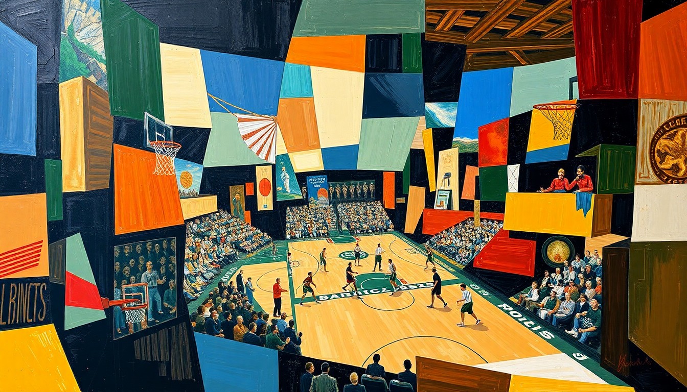 A fractured, geometric painting in shades of blue, green, and orange, depicting the motion and action of a basketball game through overlapping shapes and planes, without any recognizable figures or text.