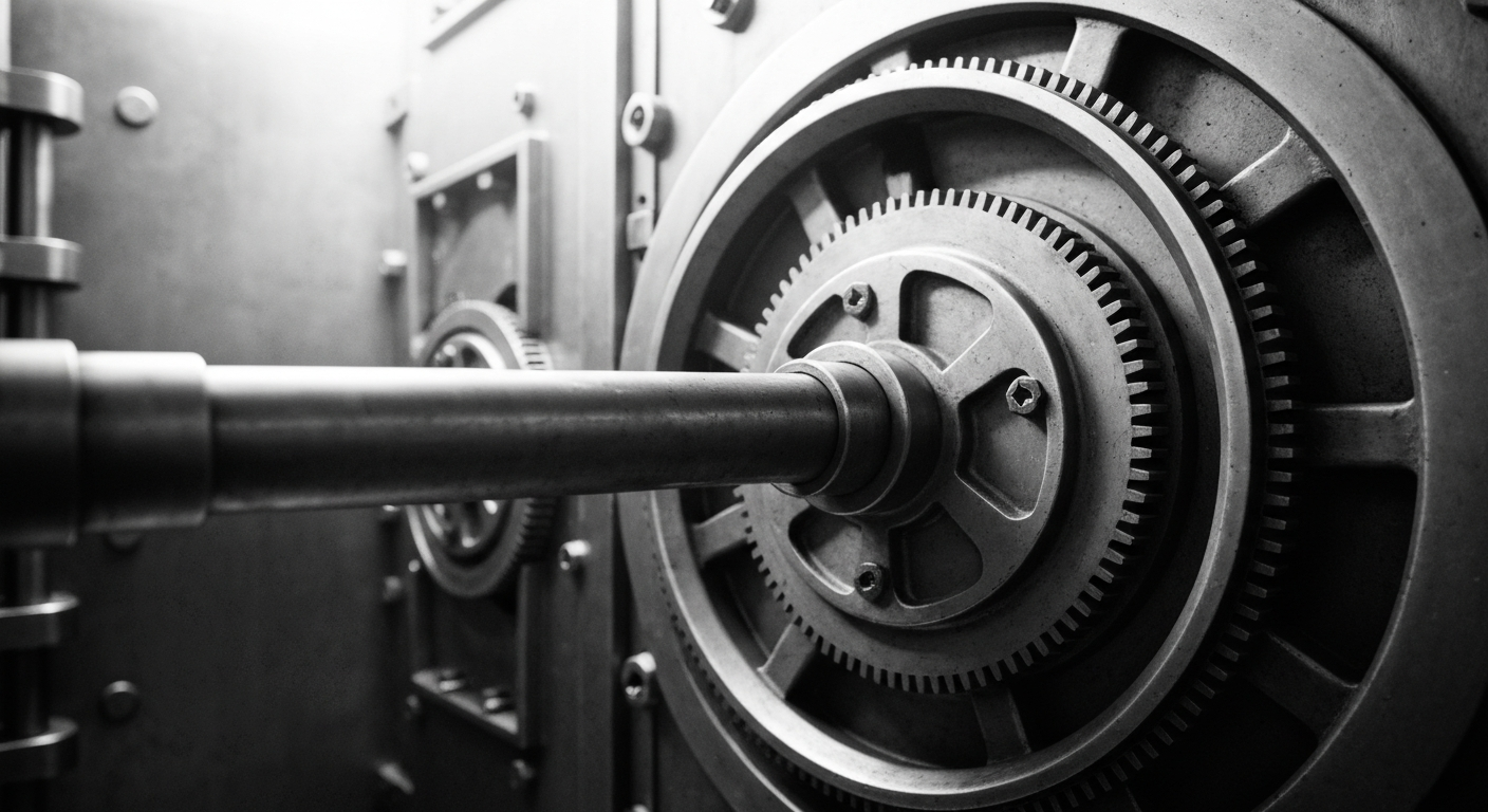 A high-contrast, macro-level view of the mechanical components and moving parts that make up the infrastructure of the banking system, conveying a sense of the industry's scale and complexity.