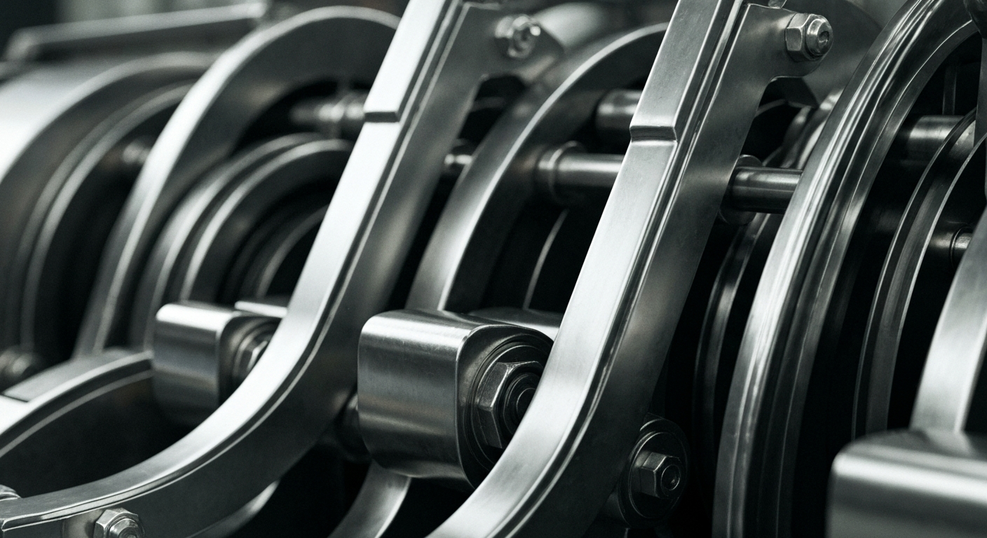 An extreme close-up of heavy, metallic banking equipment and machinery, conveying the secure, industrial nature of financial institutions.