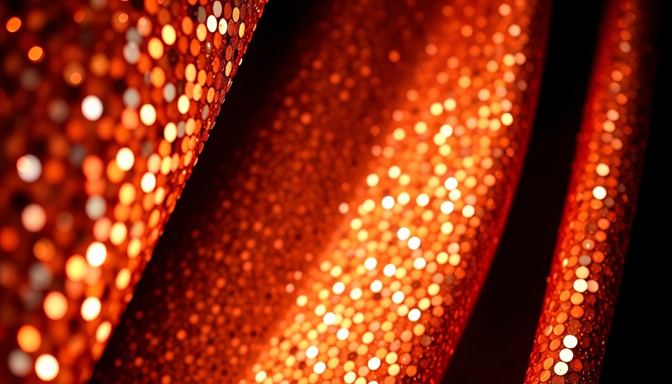 An extreme close-up of shimmering, iridescent sequins reflecting dramatic studio lighting, conceptually representing the glitz and glamour of a high-profile music performance.