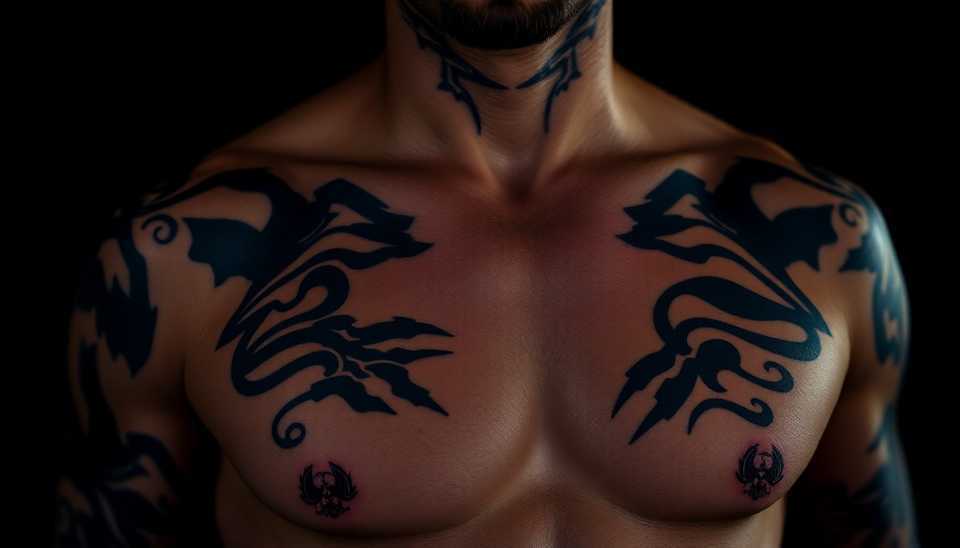 An extreme close-up photograph of a tattooed male torso, with the intricate lines and shades of the ink creating a striking, high-contrast image that captures the essence of the story's themes of personal reinvention and the public-private dynamics of celebrity relationships.
