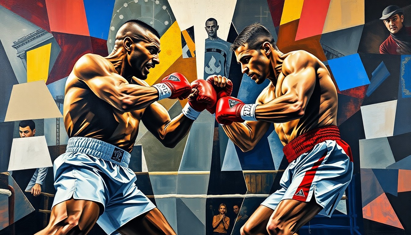 A fractured, multi-perspective painting in a cubist style, depicting the intense energy and movements of a boxing match between two heavyweight fighters.