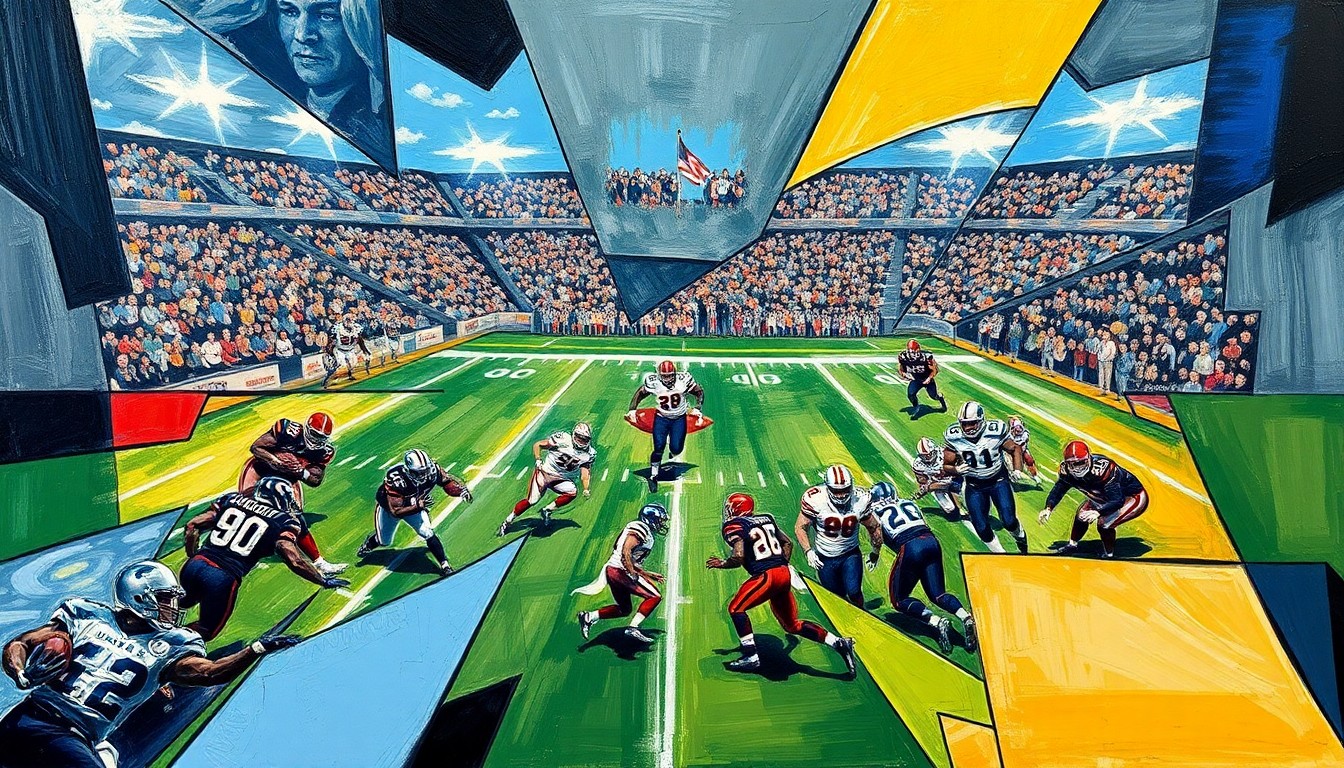 A fractured, multi-perspective painting depicting a football game or draft scene, with players and field reduced to sharp, overlapping geometric shapes and planes in a cubist style, capturing the raw energy and dynamics of the sport.