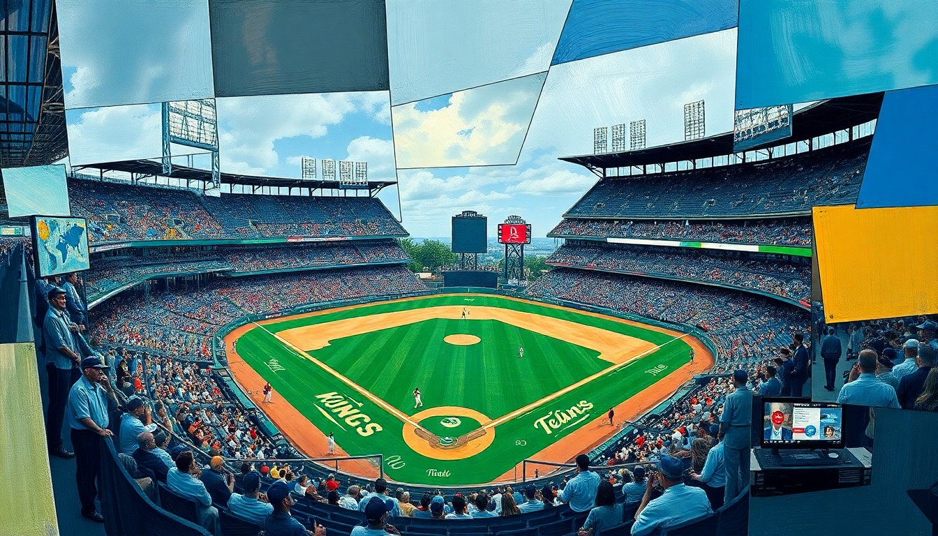 A cubist-style painting depicting a baseball game or match, with the players and field broken down into sharp, overlapping geometric shapes and planes, conveying the dynamic and multi-faceted nature of the Dodgers' team-building strategy.