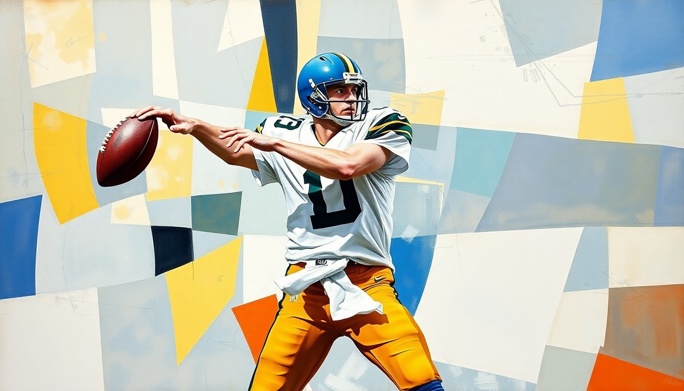 A cubist-style painting depicting a quarterback in the midst of an off-balance throw, with the figure and ball broken down into sharp, overlapping geometric shapes and planes.