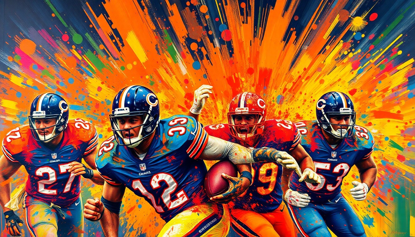 An abstract expressionist painting in neon colors depicting the chaotic energy and movement of a Chicago Bears football game, with players' forms dissolving into vibrant brushstrokes.