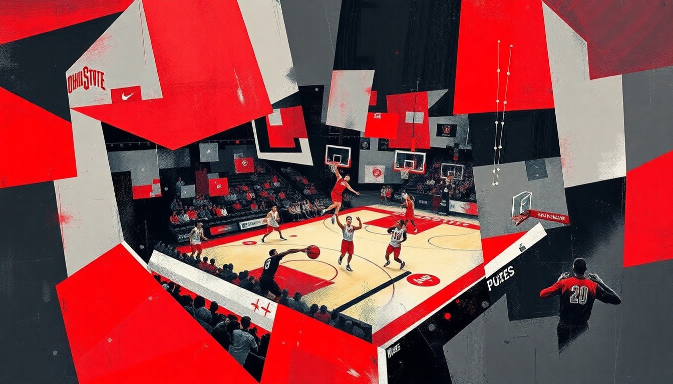 A cubist, geometric painting depicting a basketball game or match, with sharp, overlapping planes of scarlet, gray, and black, capturing the dynamic energy and movement of the sport.