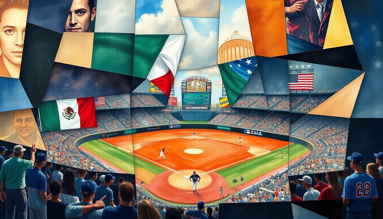 A cubist, geometric painting depicting a baseball game in motion, with overlapping planes of color and form representing the intensity and dynamics of the players' interaction.