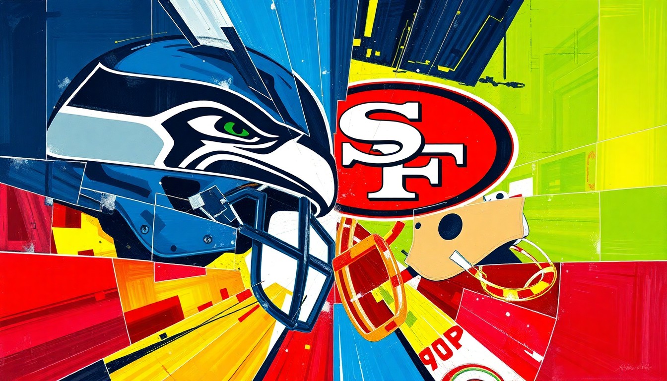 A fractured, cubist-style painting featuring overlapping geometric shapes and planes in the Seahawks' navy blue and neon green, and the 49ers' red and gold, capturing the raw energy and intensity of the playoff matchup between the two teams.