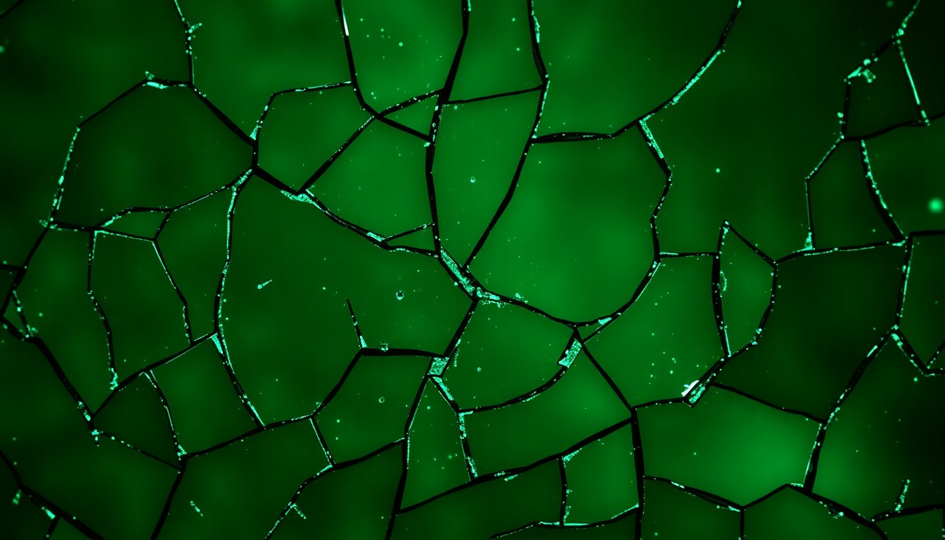 An extreme close-up of a shattered glass texture in deep emerald green hues, with a faint glowing light reflected in the cracks, conceptually representing the time-traveling and superhero elements of Kyle Chandler's acting career.