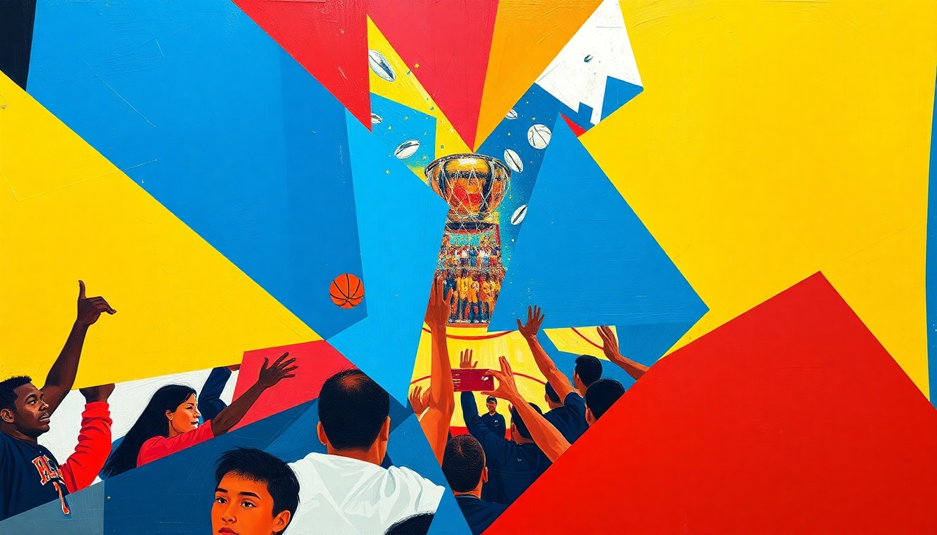 A fractured, abstract painting depicting a college basketball championship celebration, with sharp geometric shapes and planes in bright, contrasting colors.