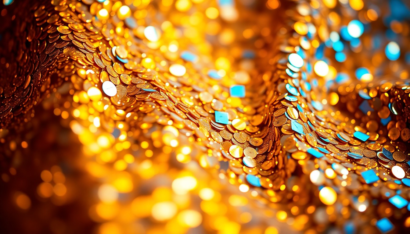 An extreme close-up photograph of shimmering, glittering festival sequins in vibrant shades of gold, silver, and electric blue, captured under dramatic studio lighting to create a luxurious, high-fashion aesthetic.