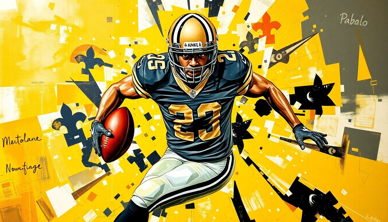A fragmented, geometric painting depicting a football player in motion, with sharp, overlapping planes of gold, black, and white, representing the energy and physicality of a Saints wide receiver.