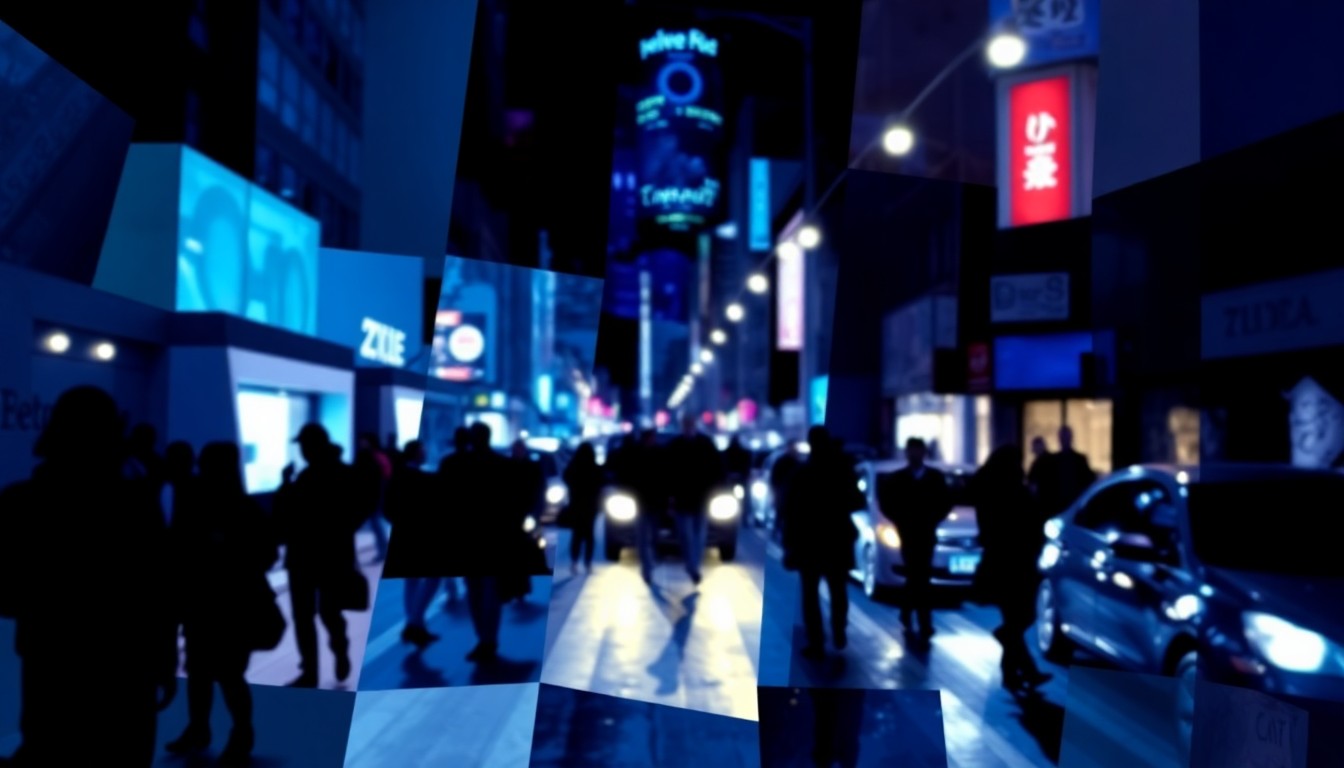 A vibrant, abstract painting depicting the blurred, overlapping motion of people and vehicles on a city street at night, conveying the sense of unrest and uncertainty surrounding the public safety debate in Minneapolis.