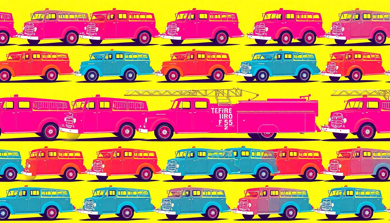 A bold, colorful silkscreen print featuring a vintage fire truck repeated in a grid pattern, capturing the iconic nature of the firefighting vehicles that were once the pride of the North Charleston Fire Museum.