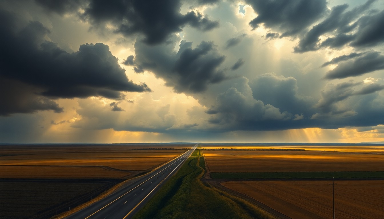 A sweeping, atmospheric landscape painting in muted tones of gray, blue, and green, depicting a rural highway cutting through an open field under a dramatic, stormy sky. The vast scale of the natural elements dwarfs the road below, conveying the overwhelming power of the impending weather.
