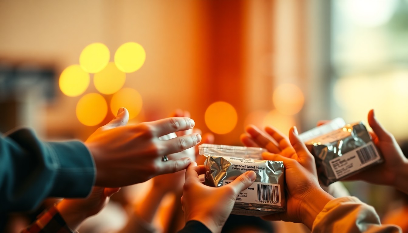An abstract, out-of-focus photograph showing hands reaching out to receive packages, with warm, blurred colors and lighting in the background, conveying a sense of community care and compassion.
