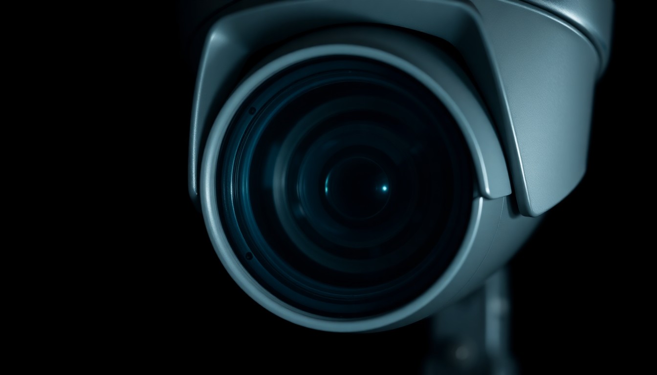 An extreme close-up photograph of a speed camera lens against a stark black background, lit by a harsh, direct flash, conveying the serious, investigative nature of this new traffic enforcement program.