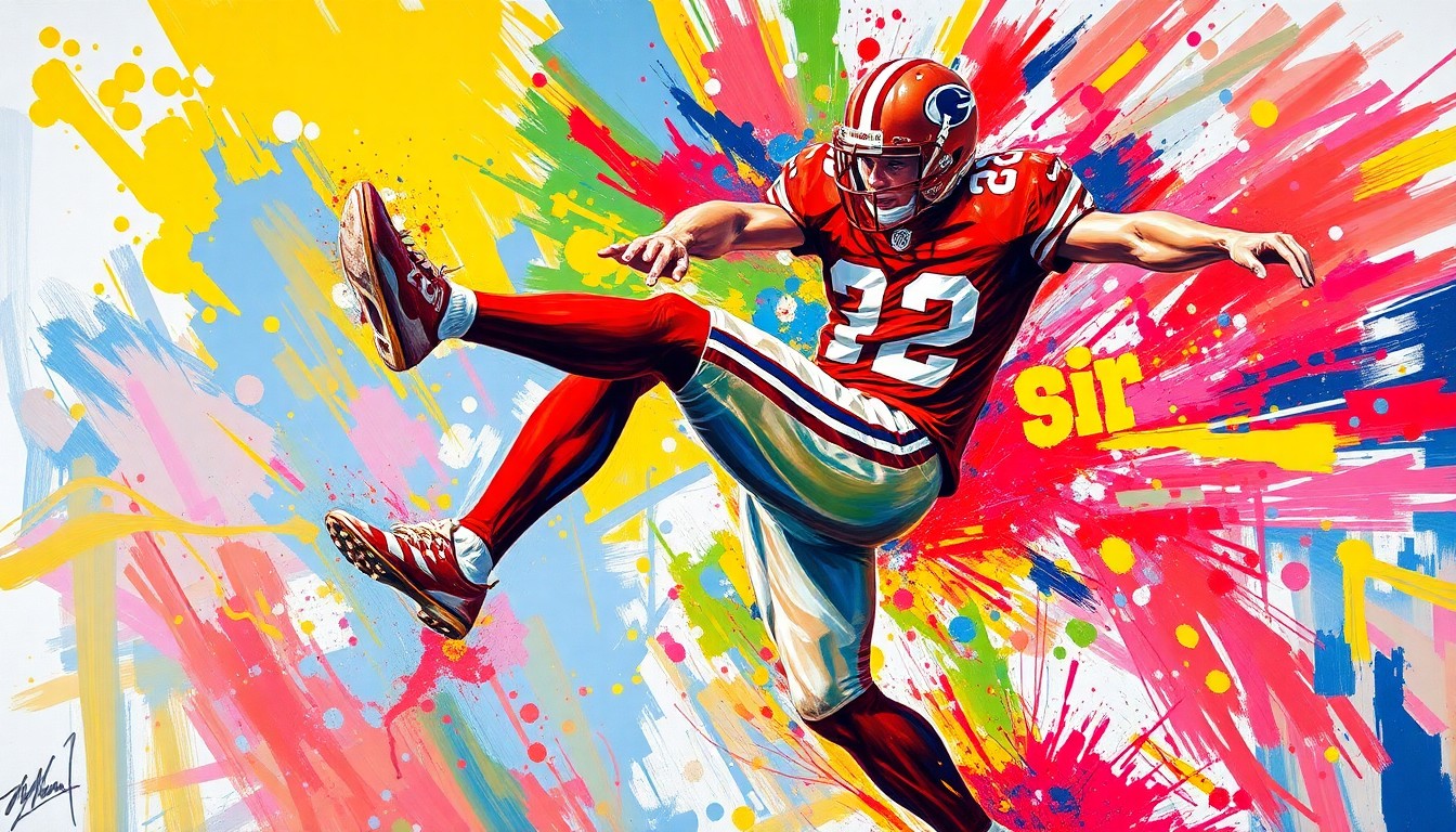 An abstract, expressionist painting in vibrant neon colors depicting the powerful kicking motion of a football player, with the player's face and uniform details obscured by the dynamic brushstrokes.