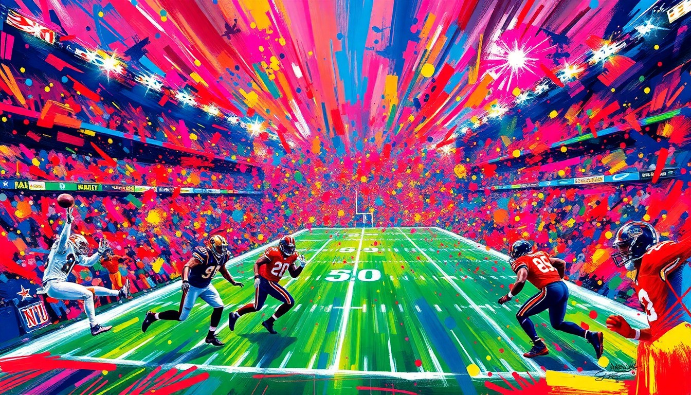 An abstract, expressionist painting in neon colors depicting the energy and movement of a football game, with players and the stadium environment blending into vibrant, unrecognizable shapes.