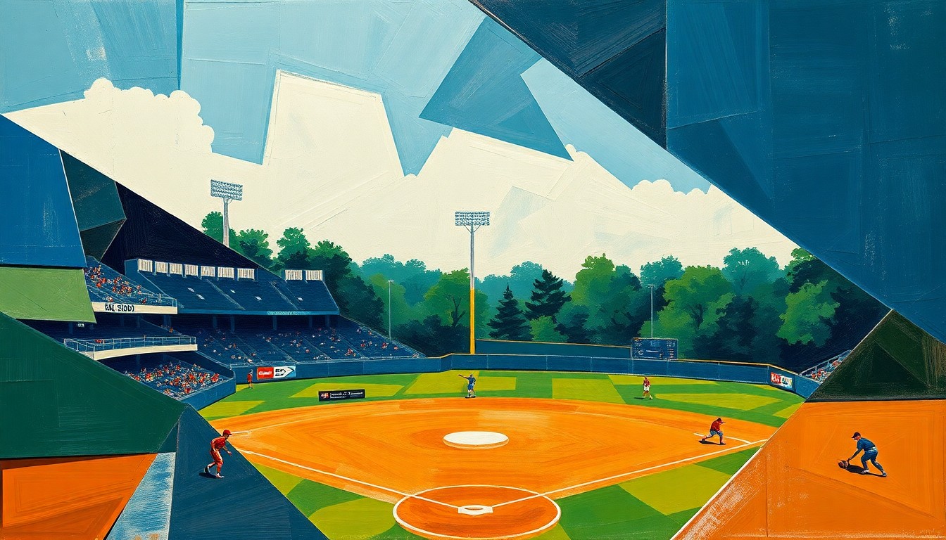 A fractured, multi-perspective painting in a cubist style, breaking down a high school baseball game into sharp, overlapping geometric planes in navy blue, forest green, and burnt orange, capturing the raw energy and competitive spirit of the sport.